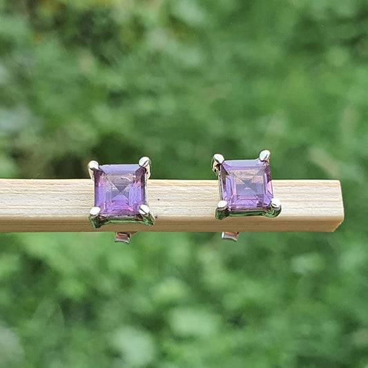Square Cut Purple Amethyst Stud Earrings for Men Women 925 Sterling Silver Femmes Bijoux