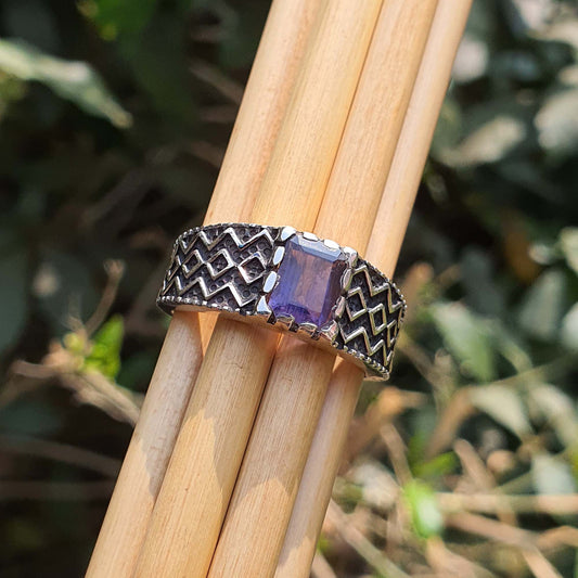 Oxidized Zig Zag Design Wide Band Mens Iolite Ring Sterling Silver 925 Jewelry - femmes bijoux