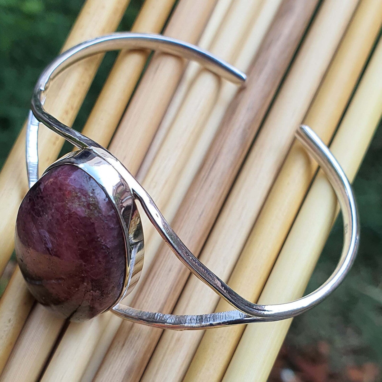 Natural Pink Rhodonite Silver Cuff Adjustable Bangle Bracelets