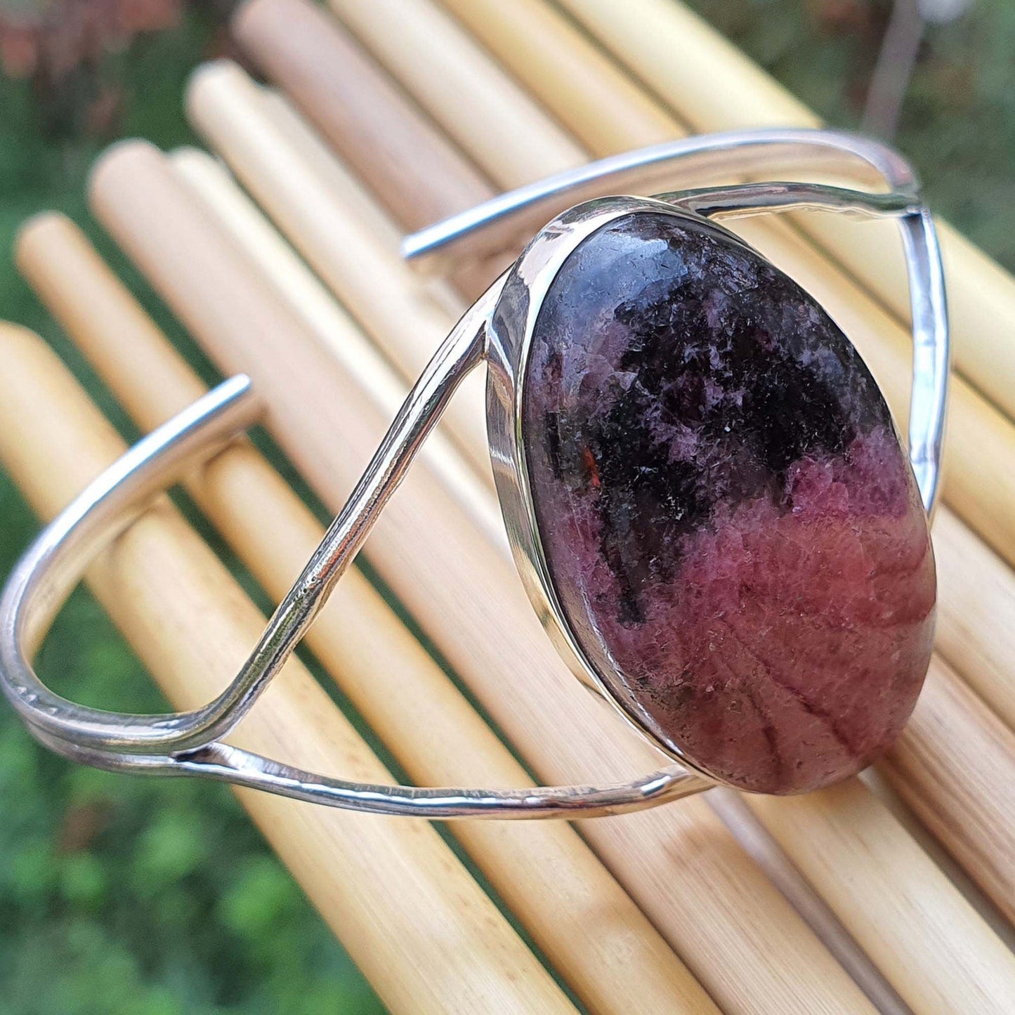 Natural Pink Rhodonite Silver Cuff Adjustable Bangle Bracelets