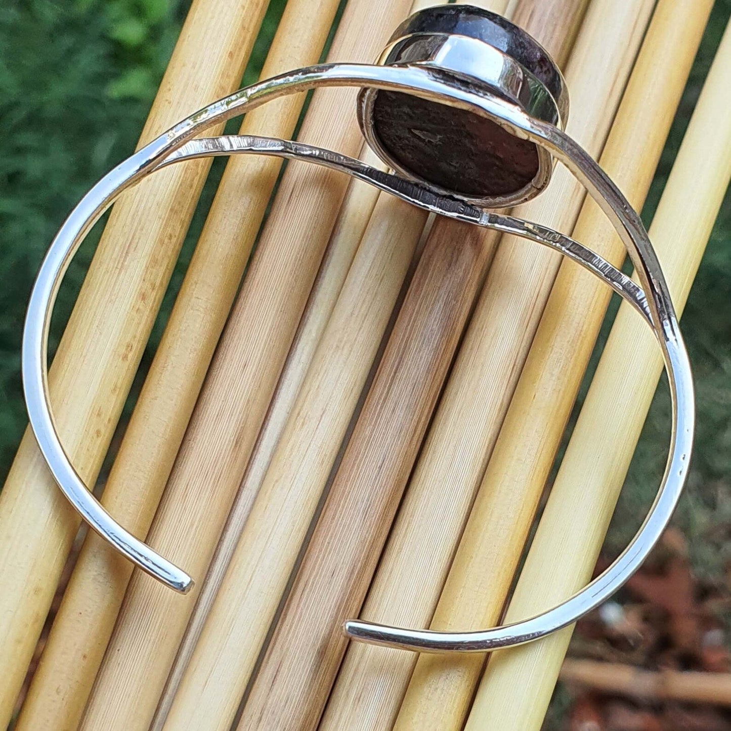 Natural Pink Rhodonite Silver Cuff Adjustable Bangle Bracelets