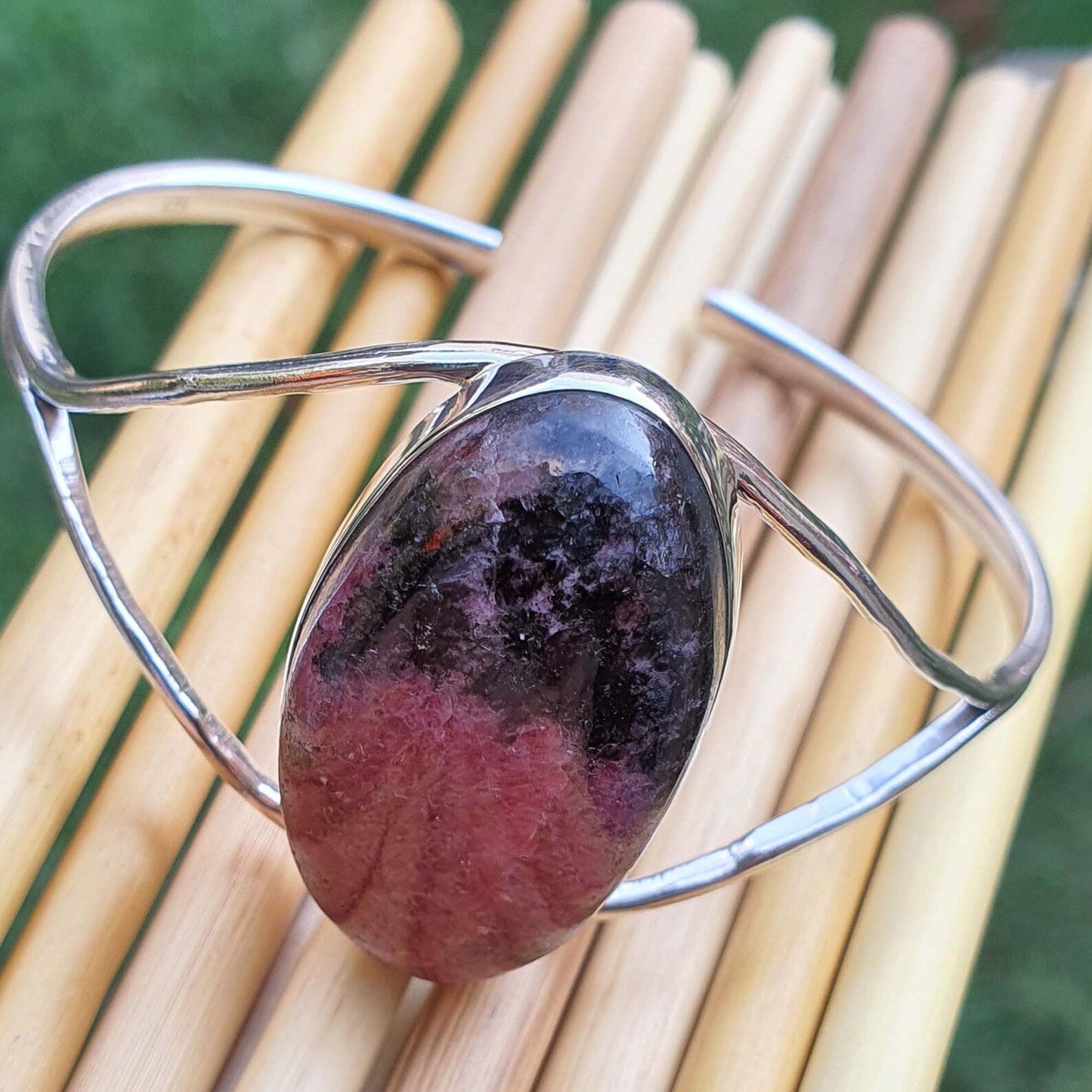 Natural Pink Rhodonite Silver Cuff Adjustable Bangle Bracelets