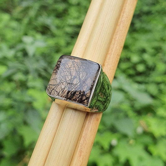 Black Rutile Gemstone Wide Band Ring, Mens 925 Sterling Silver Ring Femmes Bijoux