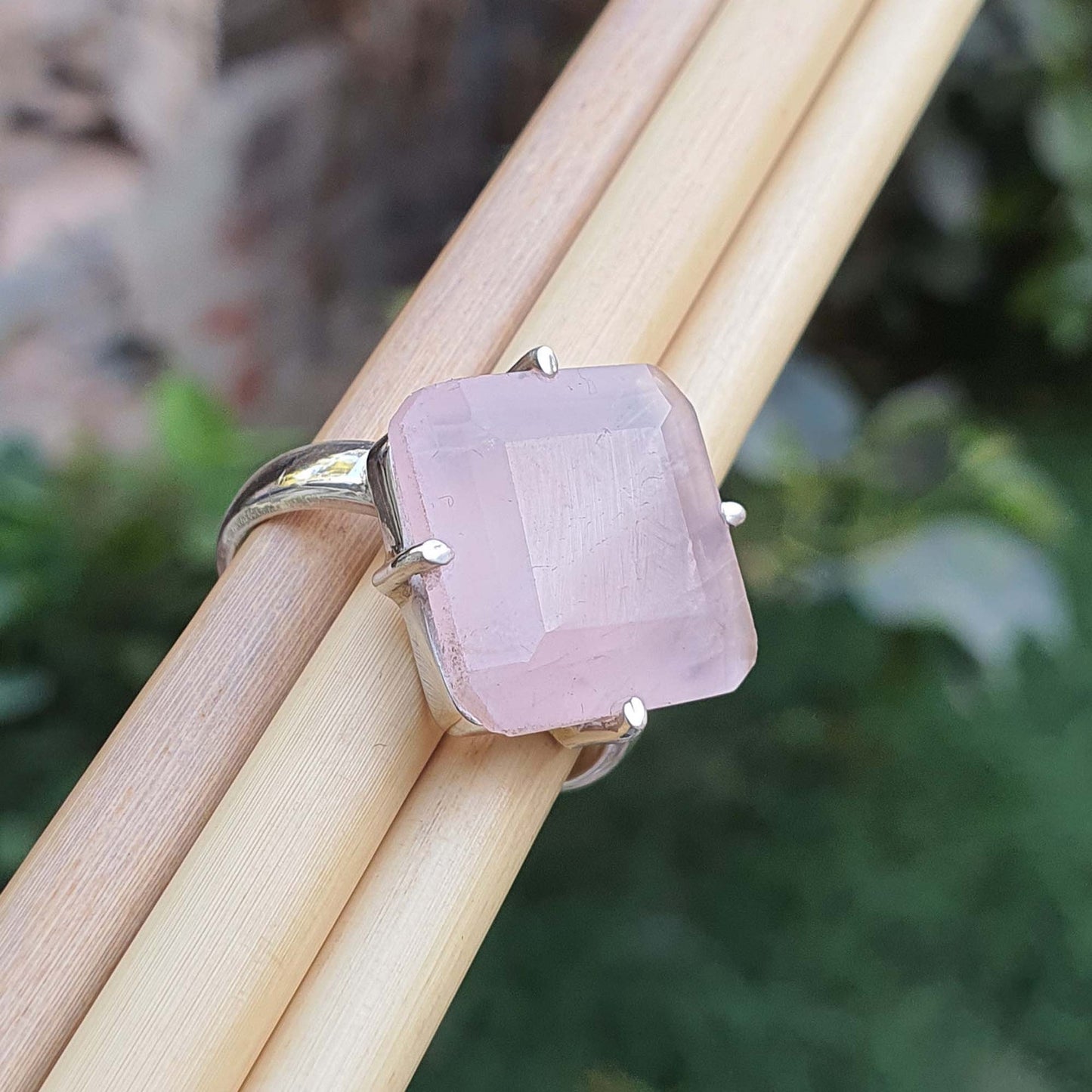 large square pink quartz ring