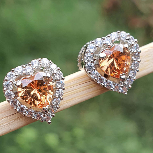 Yellow Heart Halo Cubic Zirconia Stud Earrings Femmes Bijoux