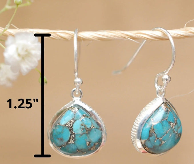 Mohave Blue Copper Turquoise Drop Earrings for Women Sterling Silver Femmes Bijoux