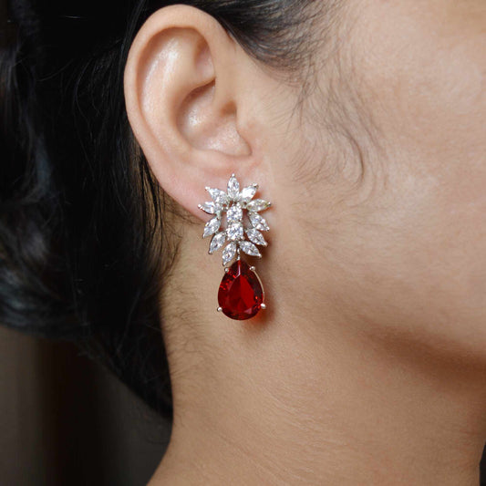 Teardrop Red CZ Stud Earrings