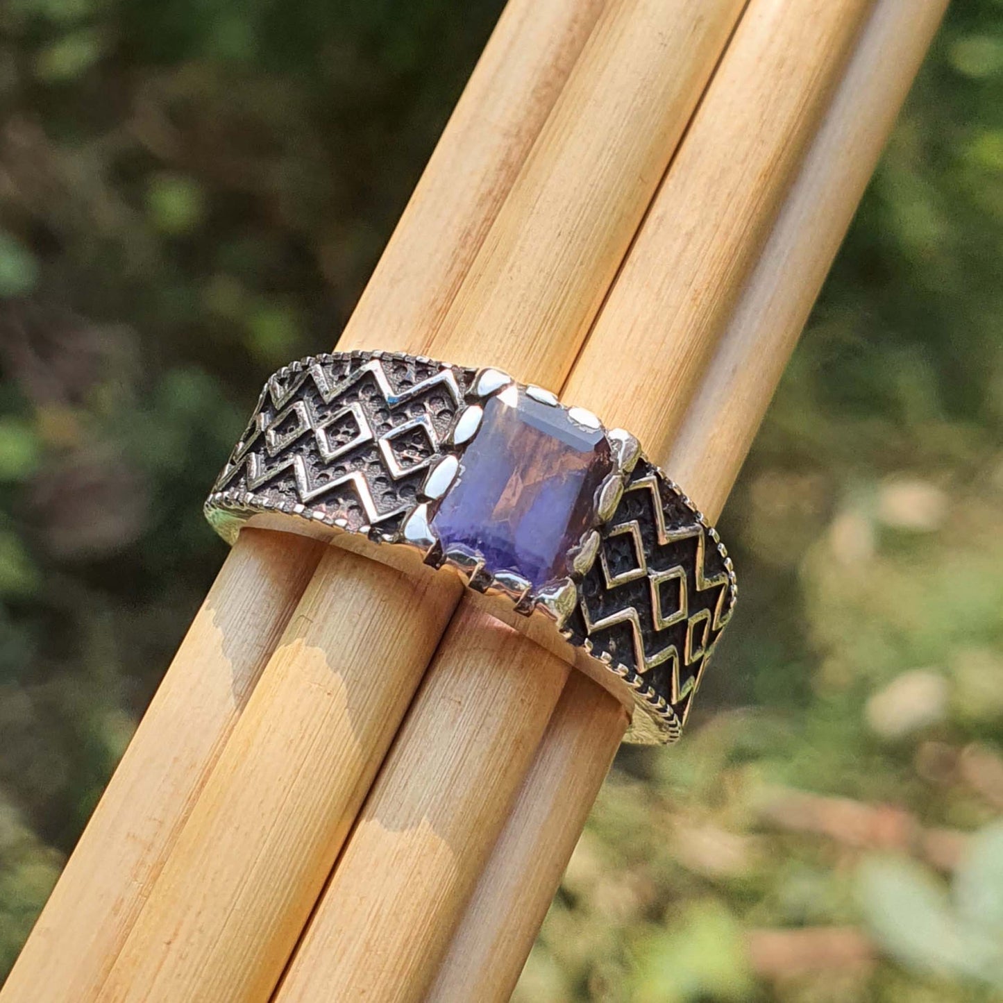 Oxidized Zig Zag Design Wide Band Mens Iolite Ring Sterling Silver 925 Jewelry