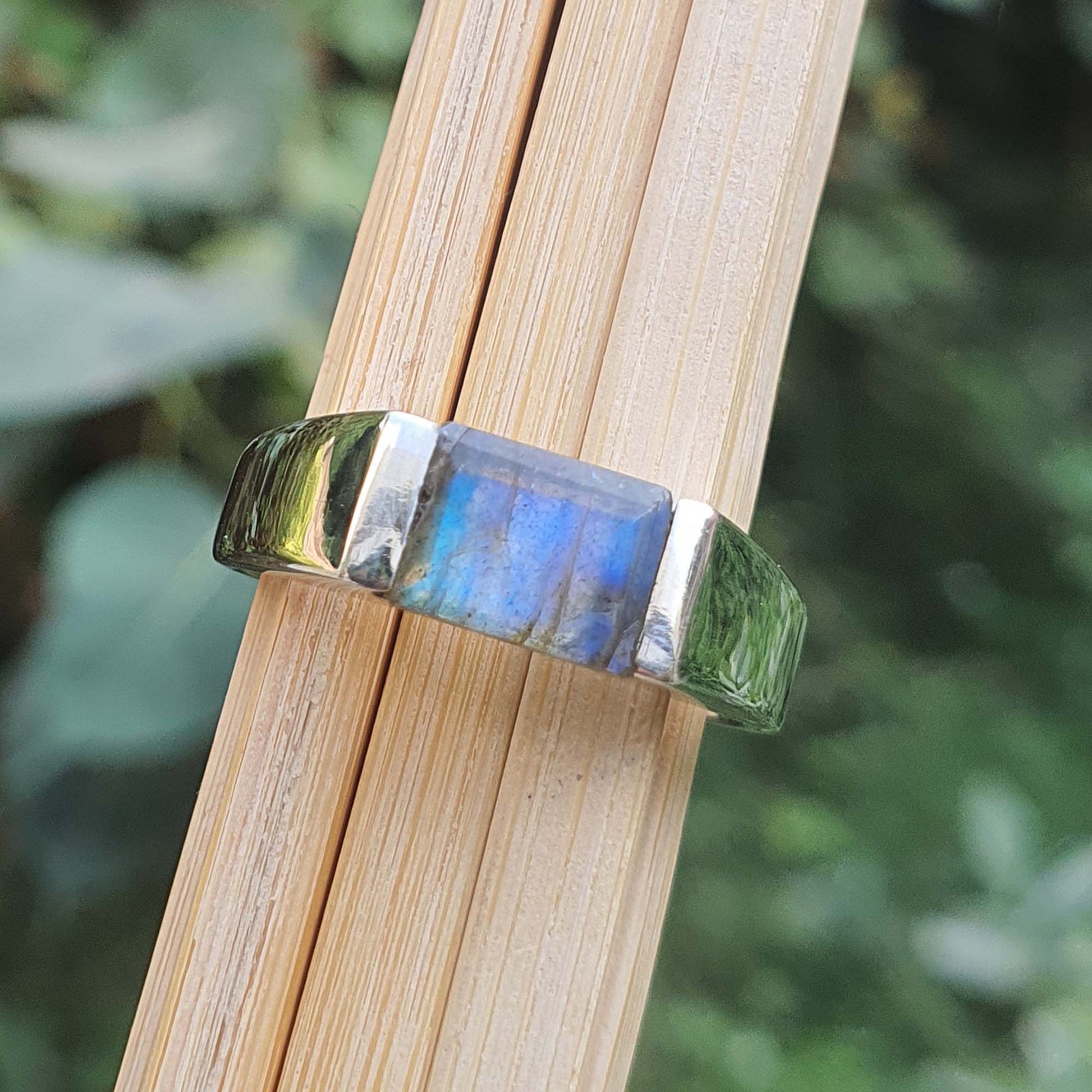 Emerald cut labradorite ring