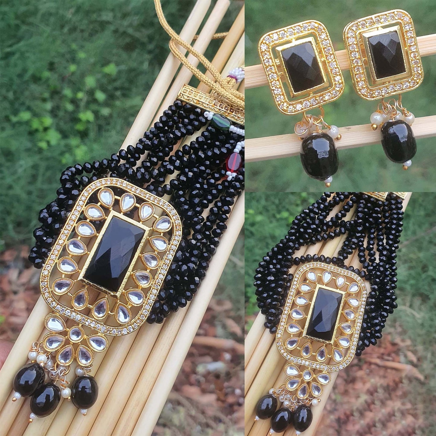 black onyx with kundan neckace with earrings