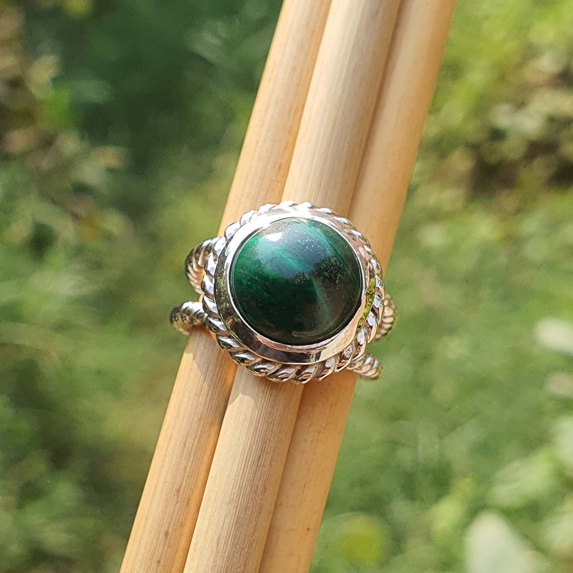 Twisted Double Band Natural Green Malachite Ring Sterling Silver