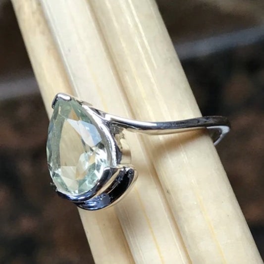 Pear green amethyst silver ring