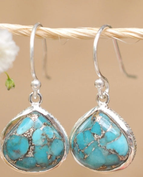 Mohave Blue Copper Turquoise Drop Earrings for Women Sterling Silver